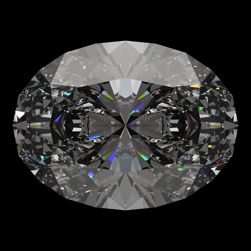 Oval cut in moissanite face-up under a single bright light: a render from our simulator, its coloured flashes are the fire (score 95)