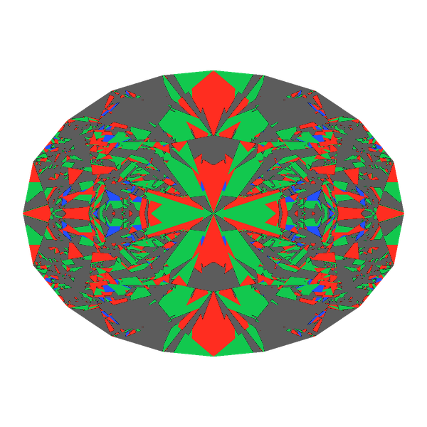 Oval cut in moissanite face-up Light Return map: red, green and blue show where the light returns from, grey shows where it leaks (Brilliance 38)