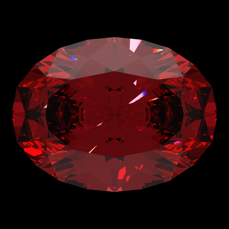 Oval cut in ruby face-up under a single bright light: a render from our simulator, its coloured flashes are the fire (score 74)