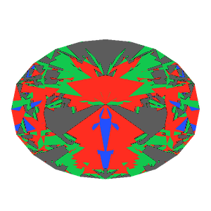 Oval cut in ruby tilted 10 degrees: Light Return map, 29% of the face leaking