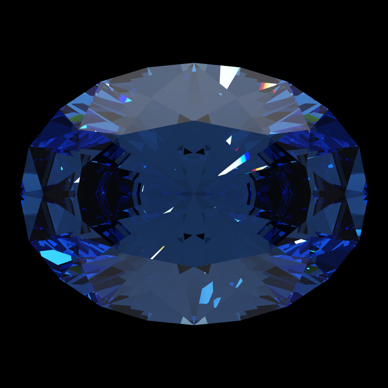 Oval cut in sapphire face-up under a single bright light: a render from our simulator, its coloured flashes are the fire (score 74)
