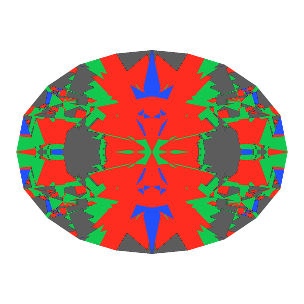 Oval cut in sapphire face-up Light Return map: red, green and blue show where the light returns from, grey shows where it leaks (Brilliance 66)