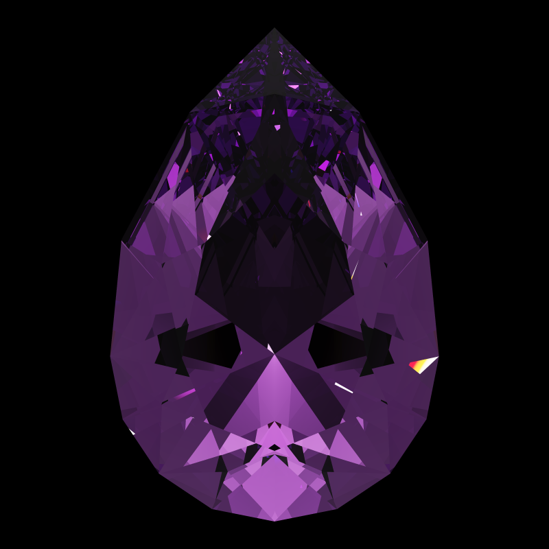 Pear cut in amethyst face-up under a single bright light: a render from our simulator, its coloured flashes are the fire (score 60)