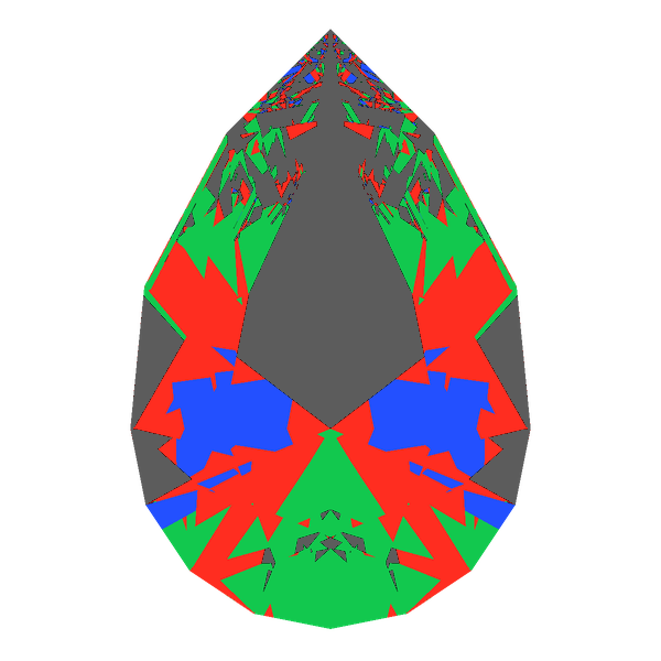 Pear cut in amethyst face-up Light Return map: red, green and blue show where the light returns from, grey shows where it leaks (Brilliance 52)