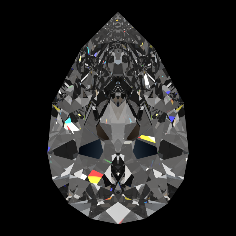 Pear cut in cubic zirconia face-up under a single bright light: a render from our simulator, its coloured flashes are the fire (score 90)