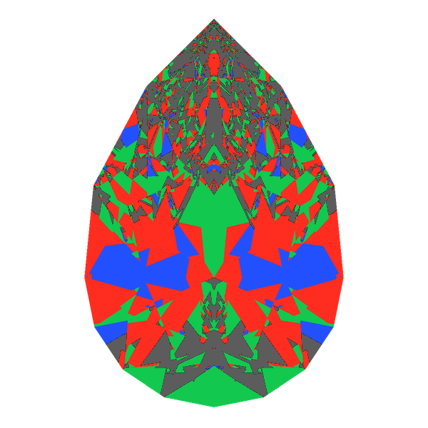 Pear cut in cubic zirconia face-up Light Return map: red, green and blue show where the light returns from, grey shows where it leaks (Brilliance 59)