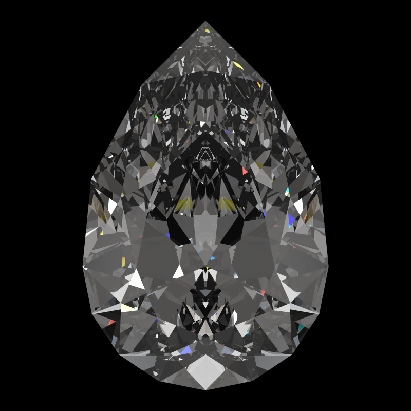 Pear cut in diamond face-up under a single bright light: a render from our simulator, its coloured flashes are the fire (score 84)