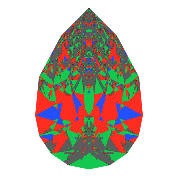 Pear cut in diamond face-up Light Return map: red, green and blue show where the light returns from, grey shows where it leaks (Brilliance 53)