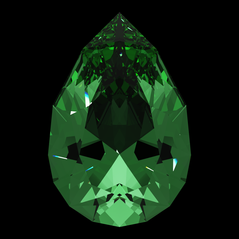 Pear cut in emerald face-up under a single bright light: a render from our simulator, its coloured flashes are the fire (score 59)