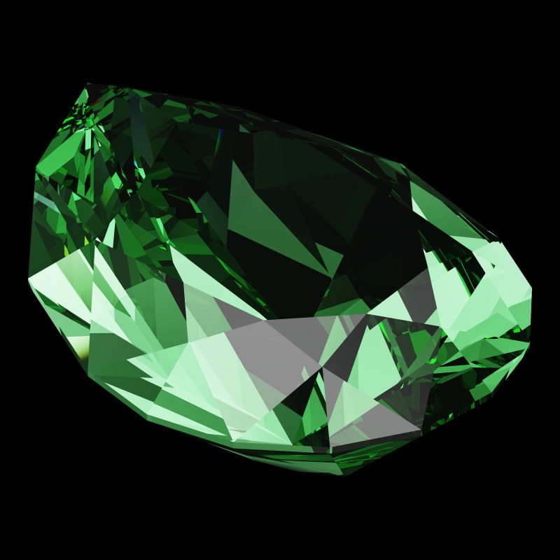 The Pear Cut in emerald, rendered at an angle in our 3D Gemstone Simulator under studio light
