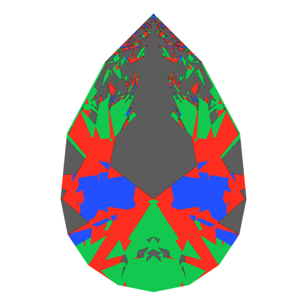 Pear cut in emerald face-up Light Return map: red, green and blue show where the light returns from, grey shows where it leaks (Brilliance 56)