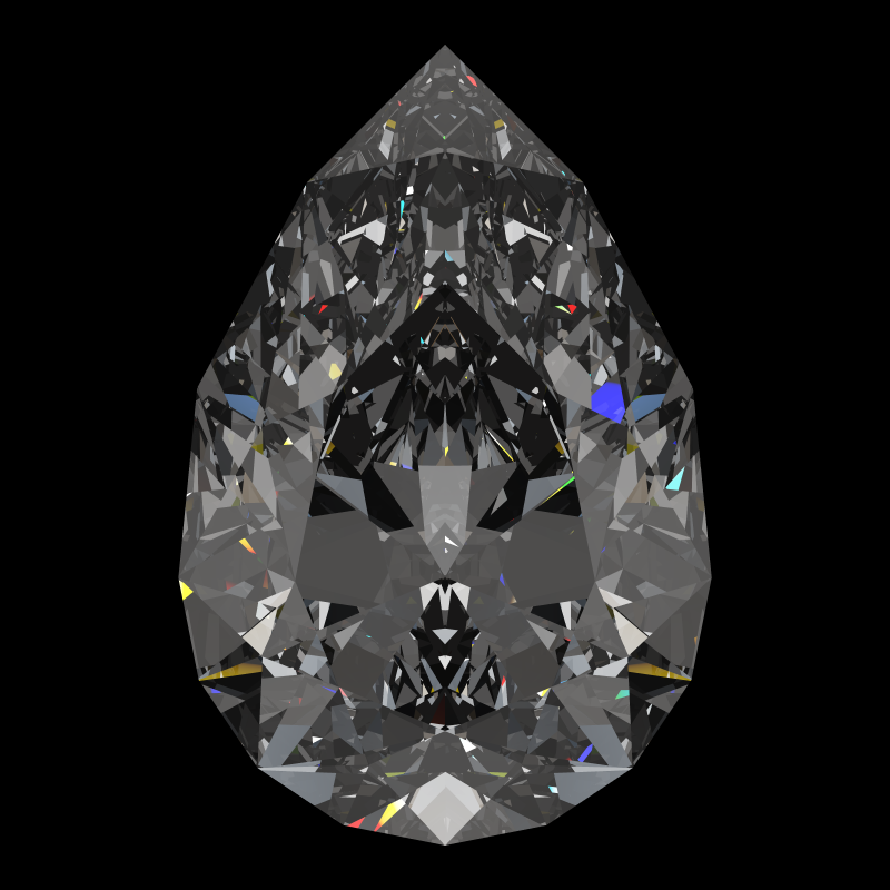 Pear cut in moissanite face-up under a single bright light: a render from our simulator, its coloured flashes are the fire (score 95)