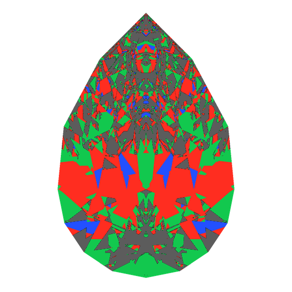 Pear cut in moissanite face-up Light Return map: red, green and blue show where the light returns from, grey shows where it leaks (Brilliance 49)