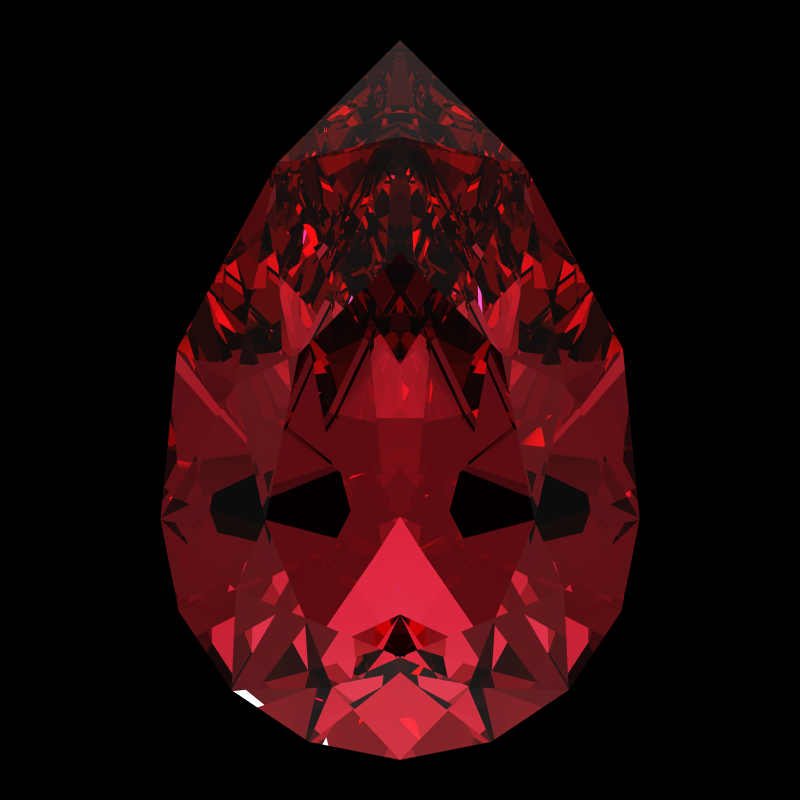 Pear cut in ruby face-up under a single bright light: a render from our simulator, its coloured flashes are the fire (score 56)