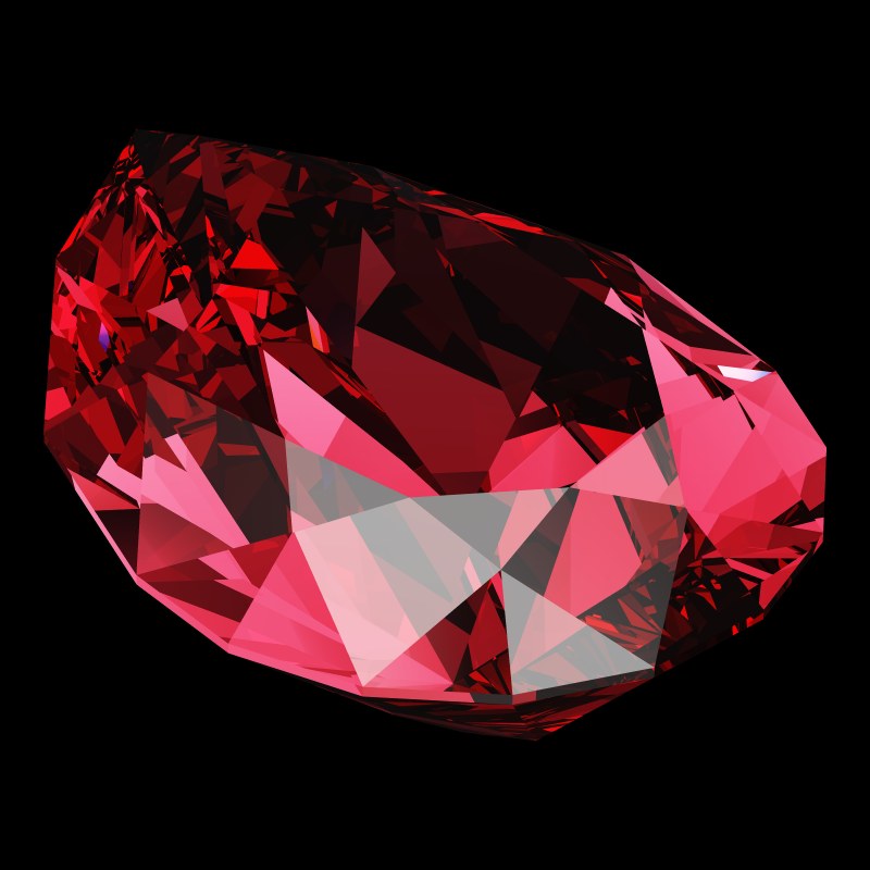 The Pear Cut in ruby, rendered at an angle in our 3D Gemstone Simulator under studio light