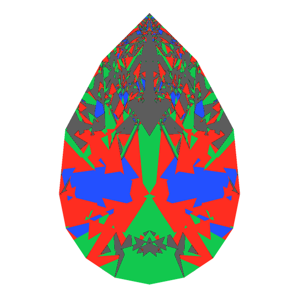 Pear cut in ruby face-up Light Return map: red, green and blue show where the light returns from, grey shows where it leaks (Brilliance 62)