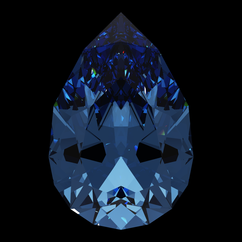 Pear cut in sapphire face-up under a single bright light: a render from our simulator, its coloured flashes are the fire (score 56)