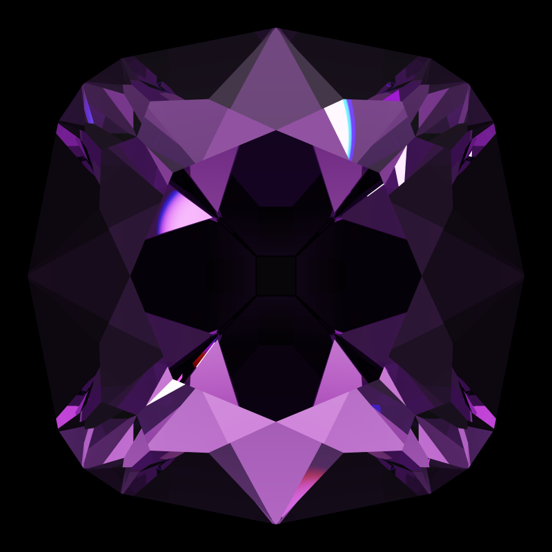 Peruzzi cut in amethyst face-up under a single bright light: a render from our simulator, its coloured flashes are the fire (score 13)