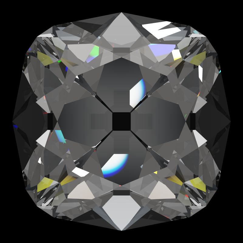 Peruzzi cut in cubic zirconia face-up under a single bright light: a render from our simulator, its coloured flashes are the fire (score 79)