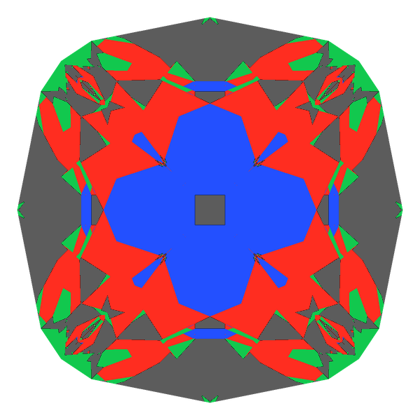 Peruzzi cut in cubic zirconia face-up Light Return map: red, green and blue show where the light returns from, grey shows where it leaks (Brilliance 67)