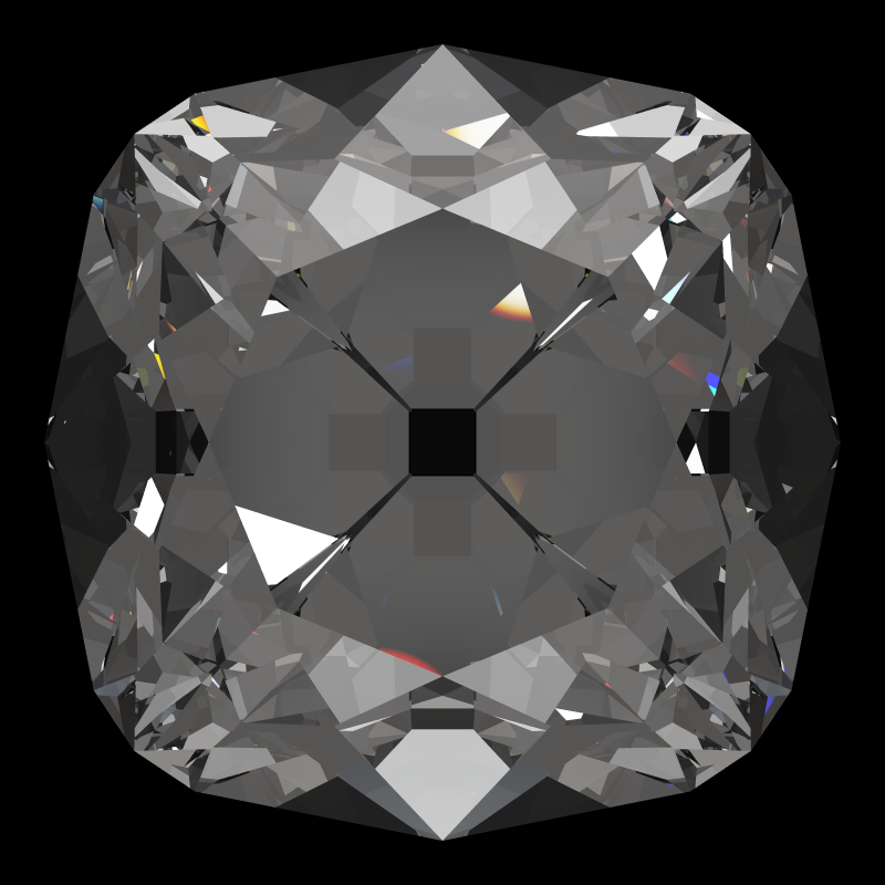 Peruzzi cut in diamond face-up under a single bright light: a render from our simulator, its coloured flashes are the fire (score 68)