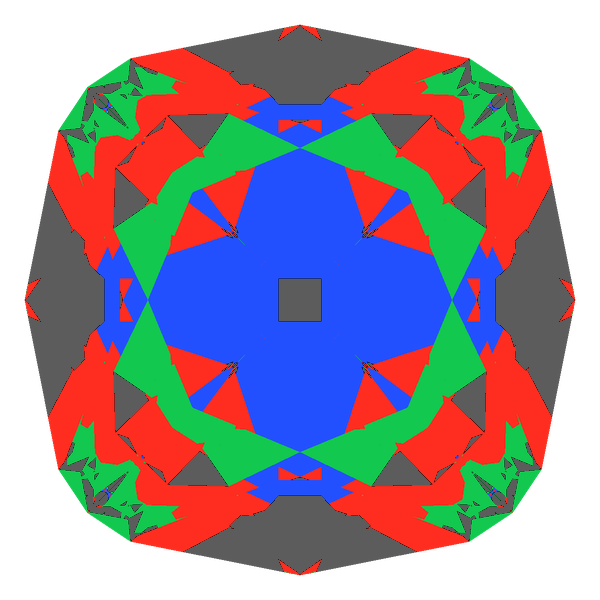 Peruzzi cut in diamond face-up Light Return map: red, green and blue show where the light returns from, grey shows where it leaks (Brilliance 75)