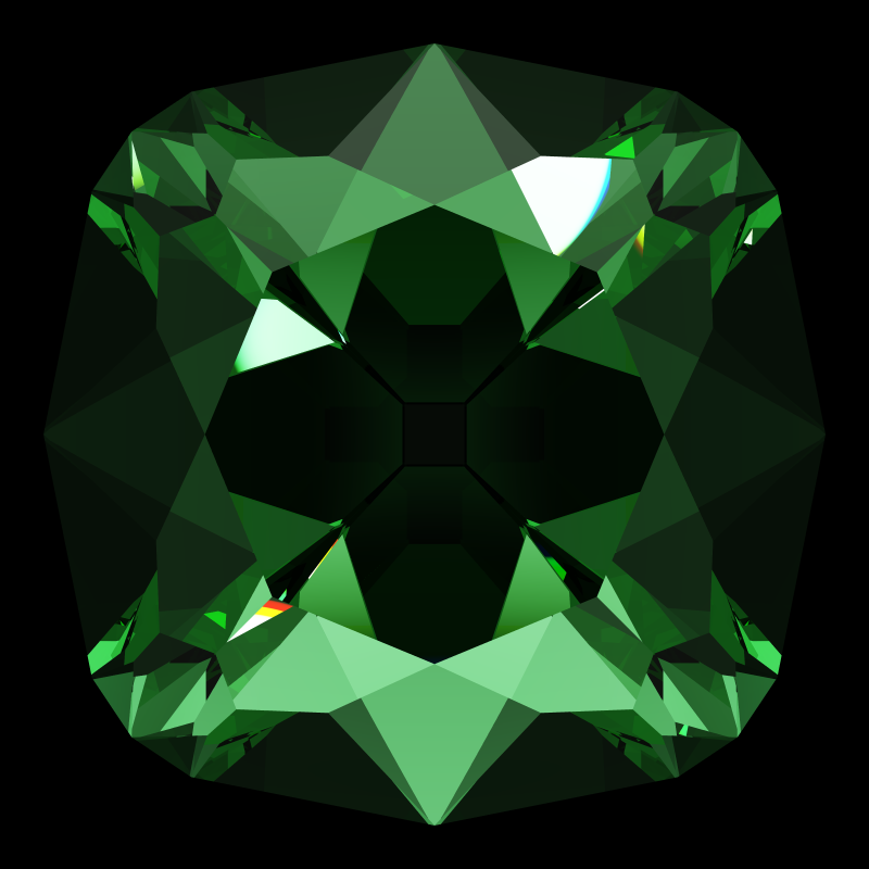 Peruzzi cut in emerald face-up under a single bright light: a render from our simulator, its coloured flashes are the fire (score 15)
