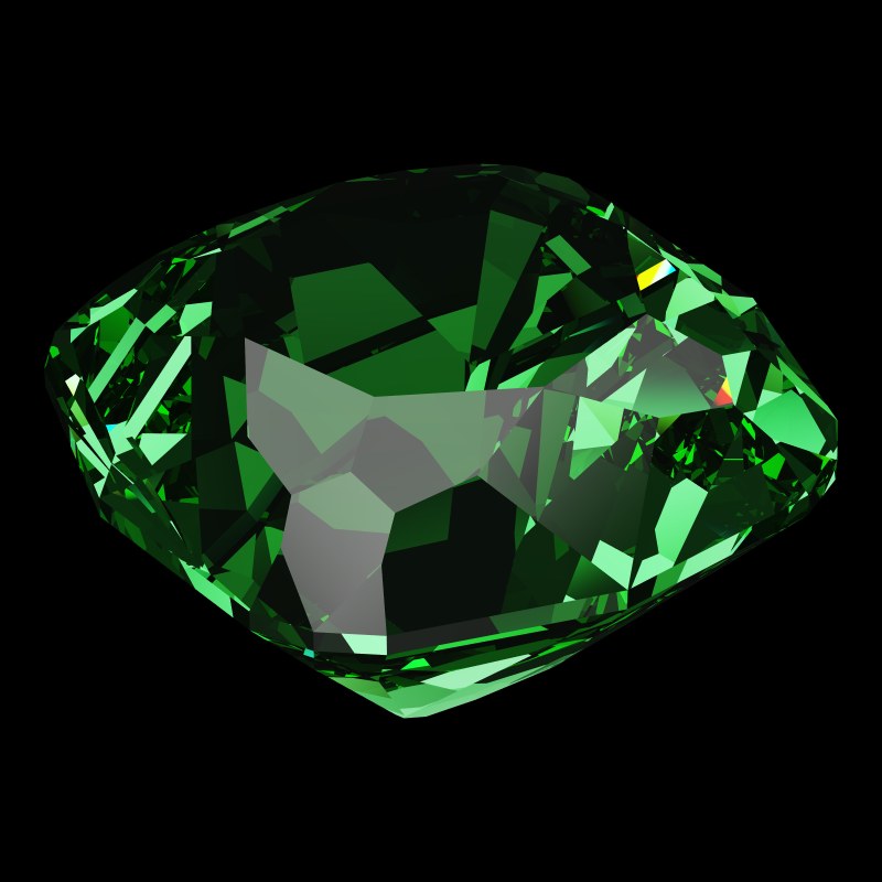 The Peruzzi Cut in emerald, rendered at an angle in our 3D Gemstone Simulator under studio light