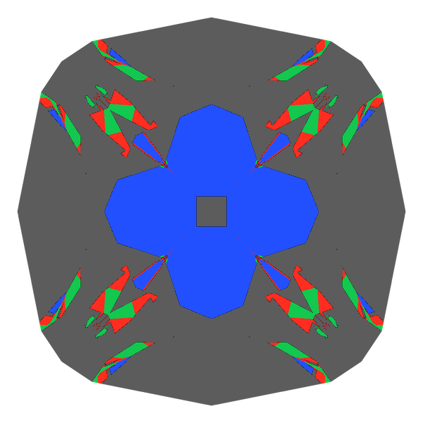 Peruzzi cut in emerald face-up Light Return map: red, green and blue show where the light returns from, grey shows where it leaks (Brilliance 30)
