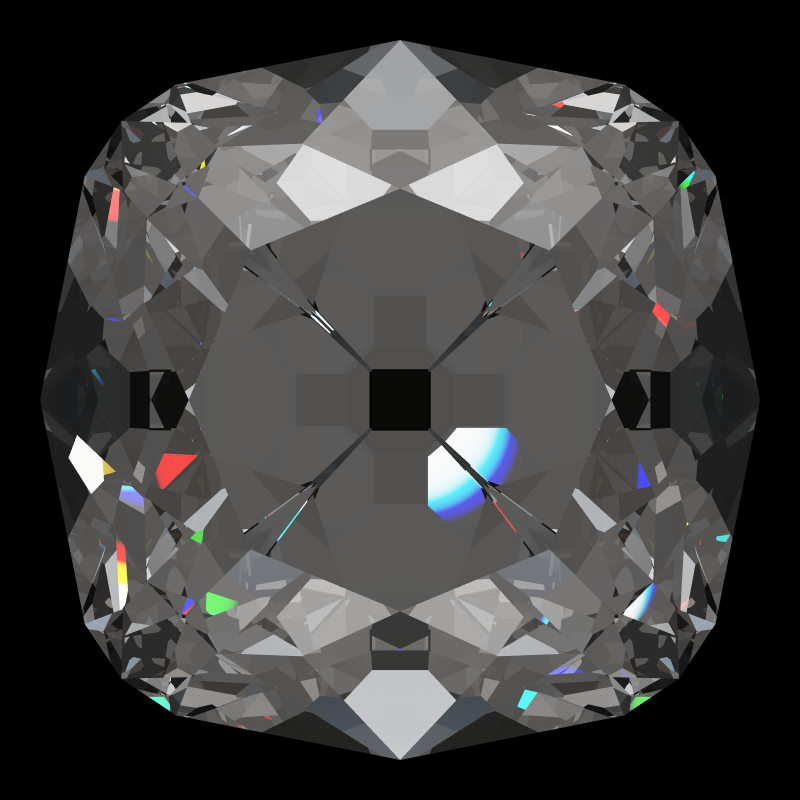 Peruzzi cut in moissanite face-up under a single bright light: a render from our simulator, its coloured flashes are the fire (score 94)