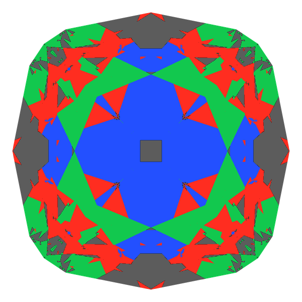 Peruzzi cut in moissanite face-up Light Return map: red, green and blue show where the light returns from, grey shows where it leaks (Brilliance 71)