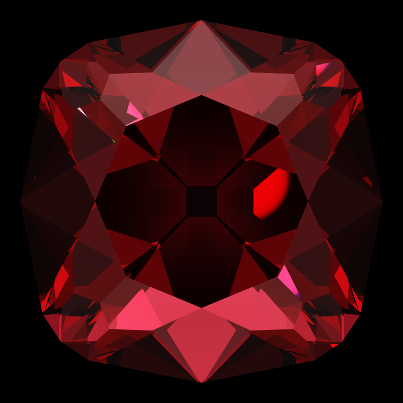 Peruzzi cut in ruby face-up under a single bright light: a render from our simulator, its coloured flashes are the fire (score 22)