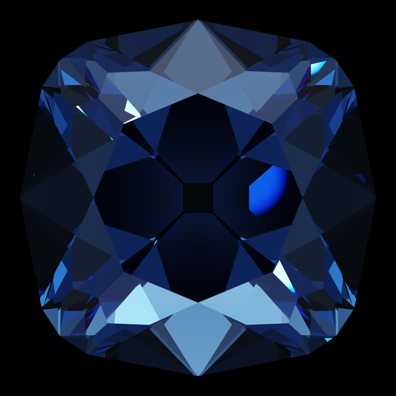 Peruzzi cut in sapphire face-up under a single bright light: a render from our simulator, its coloured flashes are the fire (score 22)