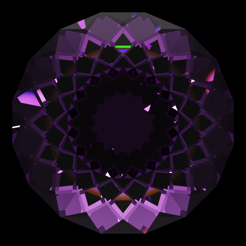 Portuguese bird's nest cut in amethyst face-up under a single bright light: a render from our simulator, its coloured flashes are the fire (score 1)