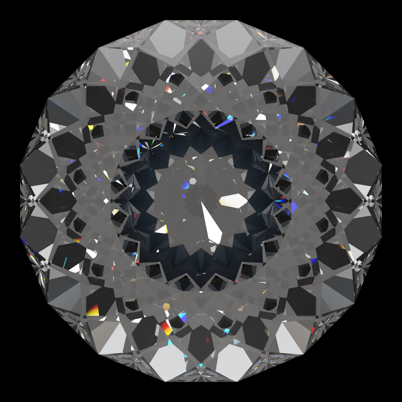 Portuguese bird's nest cut in cubic zirconia face-up under a single bright light: a render from our simulator, its coloured flashes are the fire (score 79)