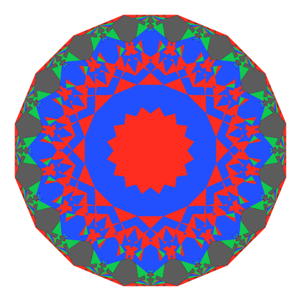 Portuguese bird's nest cut in cubic zirconia face-up Light Return map: red, green and blue show where the light returns from, grey shows where it leaks (Brilliance 83)