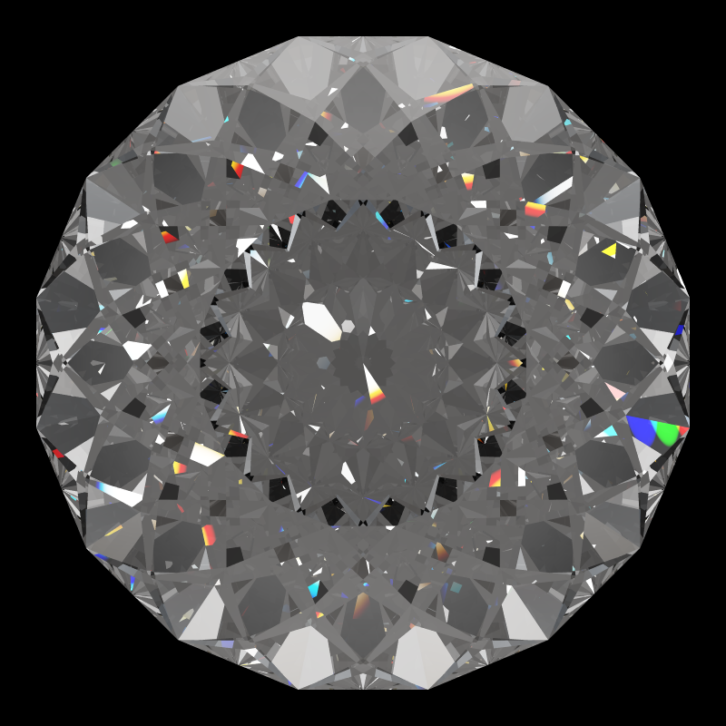 Portuguese bird's nest cut in diamond face-up under a single bright light: a render from our simulator, its coloured flashes are the fire (score 65)