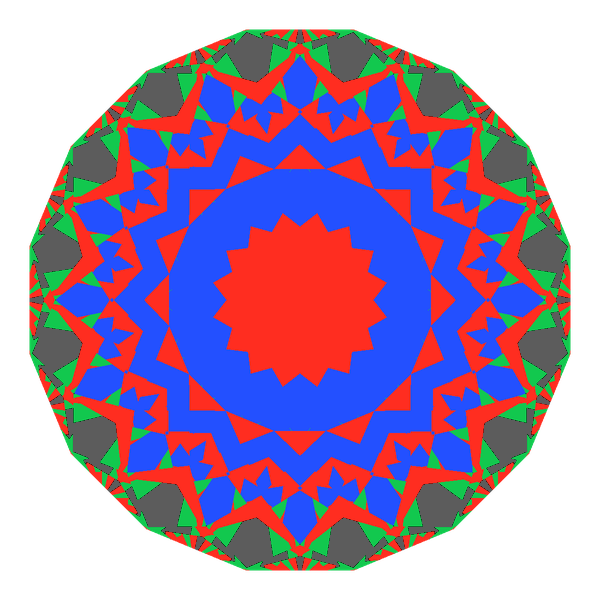 Portuguese bird's nest cut in diamond face-up Light Return map: red, green and blue show where the light returns from, grey shows where it leaks (Brilliance 85)