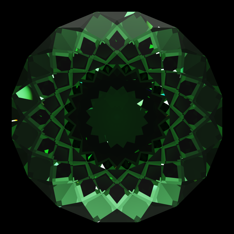 Portuguese bird's nest cut in emerald face-up under a single bright light: a render from our simulator, its coloured flashes are the fire (score 2)