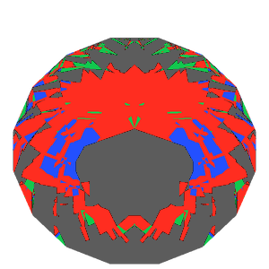 Portuguese bird's nest cut in emerald tilted 20 degrees: Light Return map, 44% of the face leaking