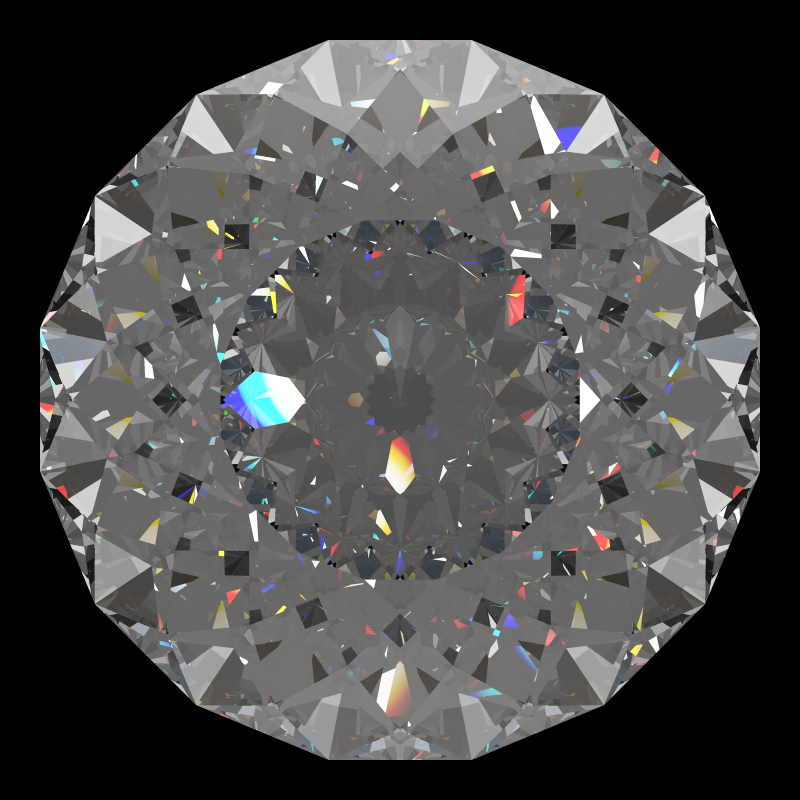 Portuguese bird's nest cut in moissanite face-up under a single bright light: a render from our simulator, its coloured flashes are the fire (score 95)