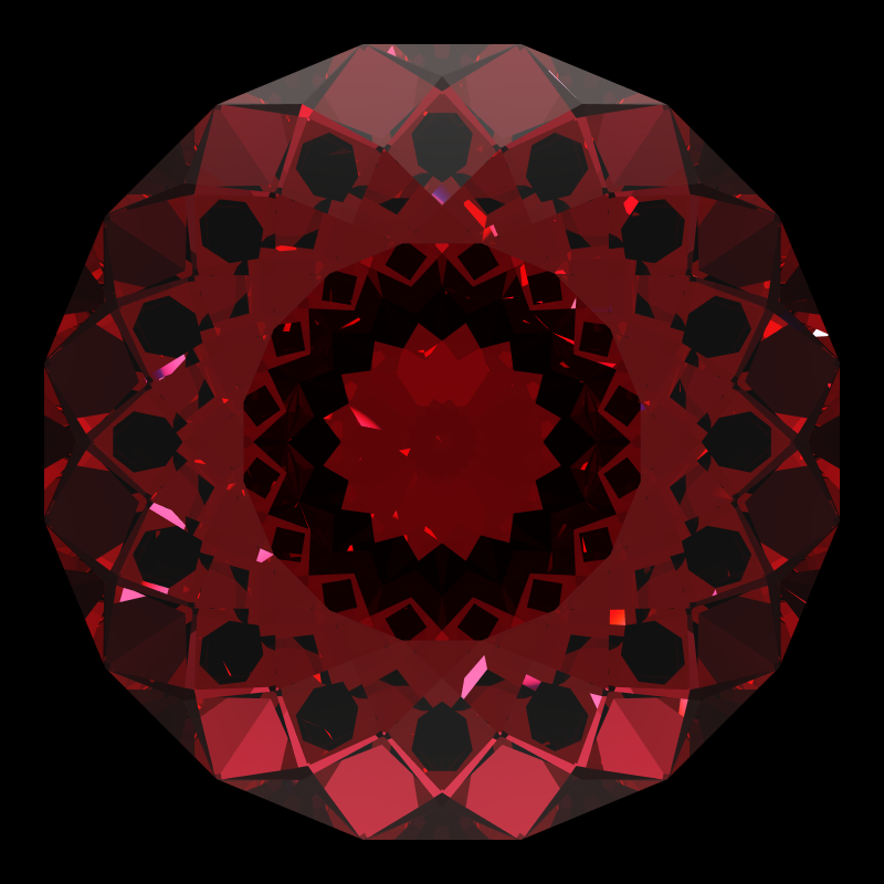 Portuguese bird's nest cut in ruby face-up under a single bright light: a render from our simulator, its coloured flashes are the fire (score 16)