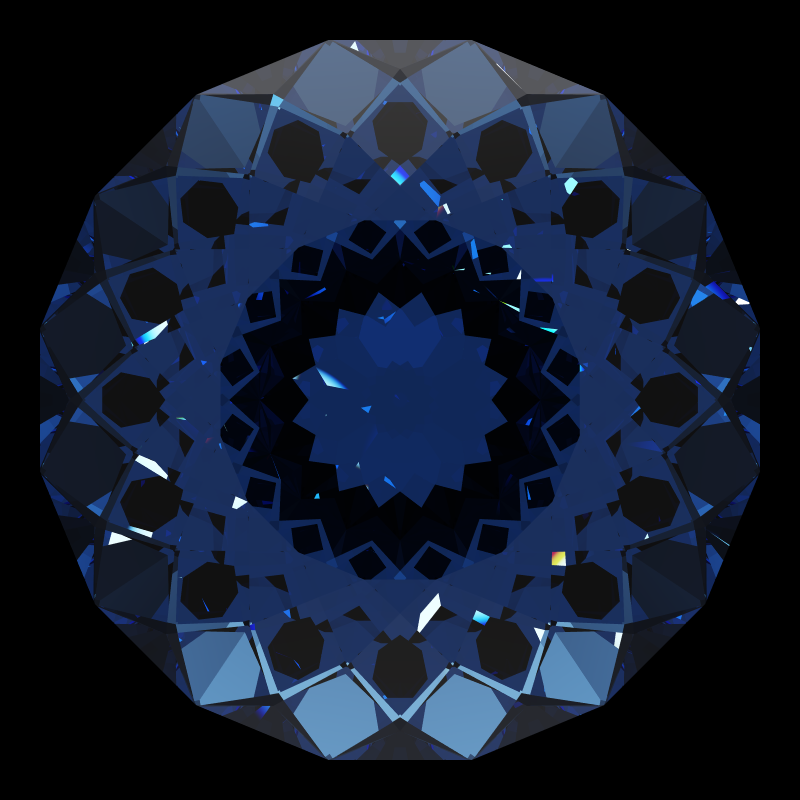Portuguese bird's nest cut in sapphire face-up under a single bright light: a render from our simulator, its coloured flashes are the fire (score 16)