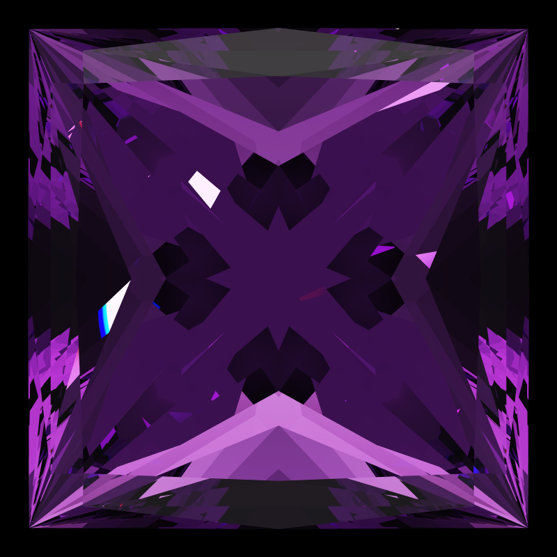 Princess cut in amethyst face-up under a single bright light: a render from our simulator, its coloured flashes are the fire (score 25)