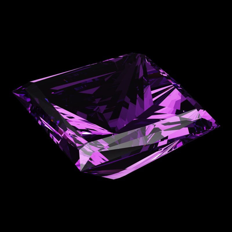 The Princess Cut in amethyst, rendered at an angle in our 3D Gemstone Simulator under studio light