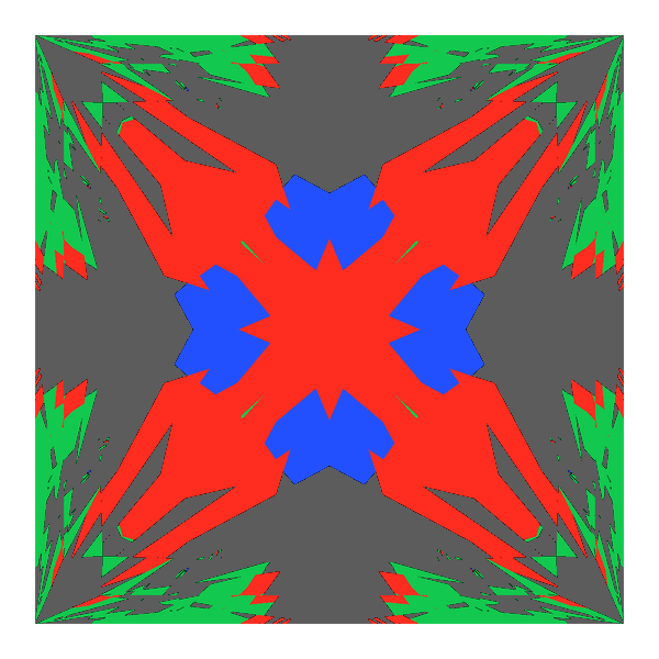 Princess cut in amethyst face-up Light Return map: red, green and blue show where the light returns from, grey shows where it leaks (Brilliance 45)