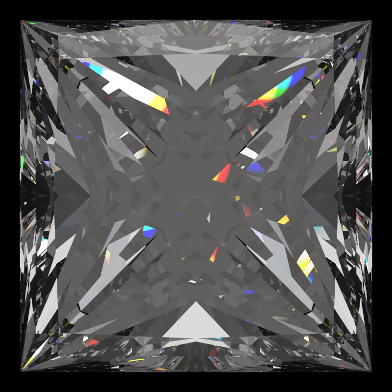 Princess cut in cubic zirconia face-up under a single bright light: a render from our simulator, its coloured flashes are the fire (score 92)