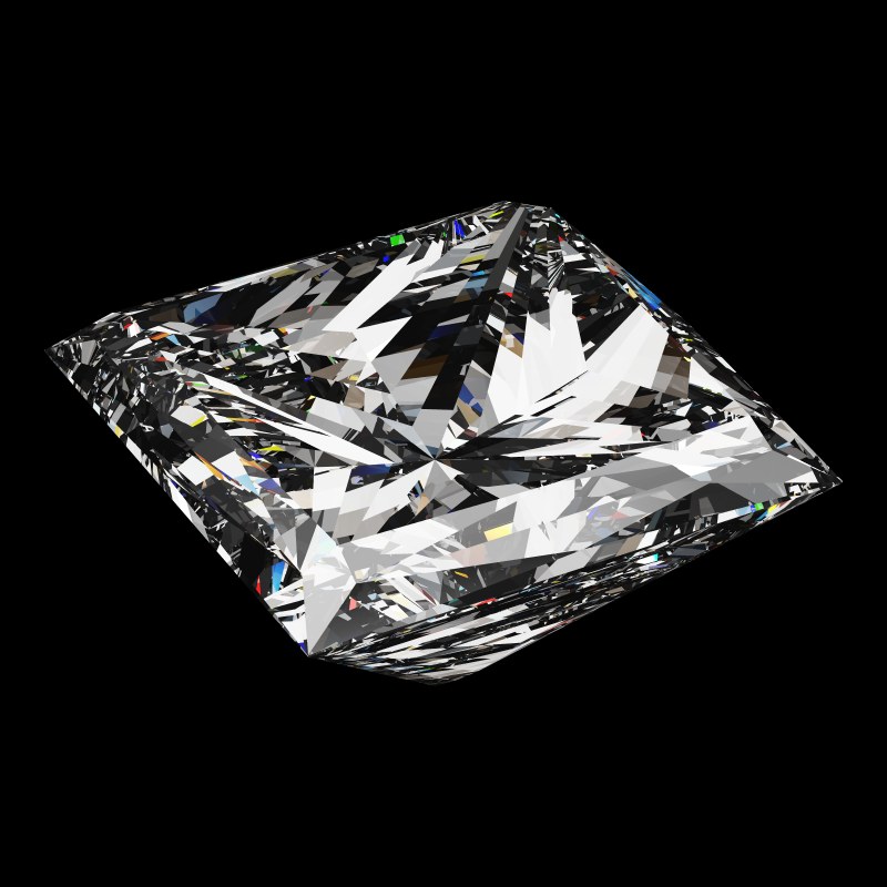 The Princess Cut in cubic zirconia, rendered at an angle in our 3D Gemstone Simulator under studio light