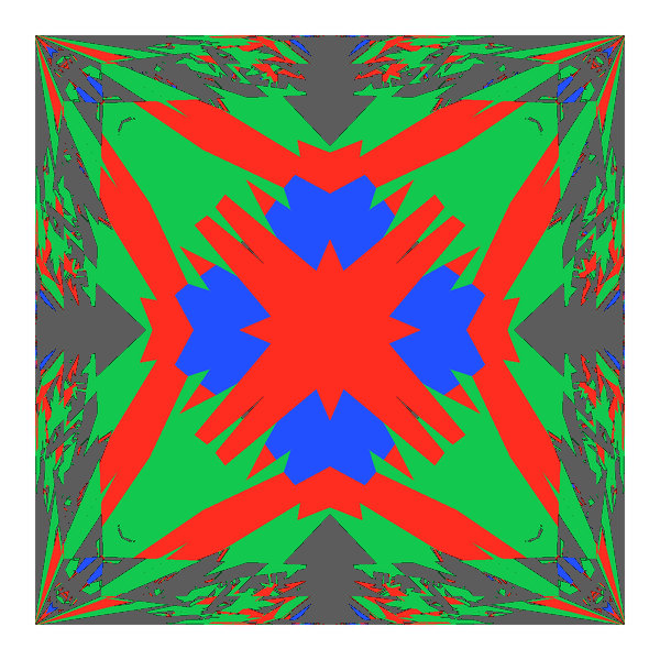 Princess cut in cubic zirconia face-up Light Return map: red, green and blue show where the light returns from, grey shows where it leaks (Brilliance 63)