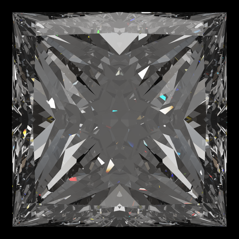 Princess cut in diamond face-up under a single bright light: a render from our simulator, its coloured flashes are the fire (score 83)